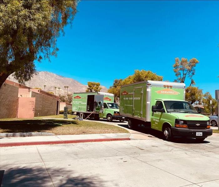 Green trucks in front of building